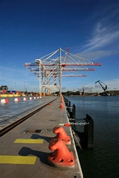 Close-up view of dockside cranes.