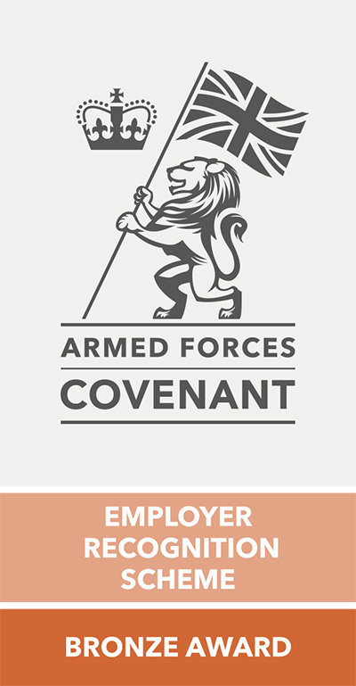 Armed forces covenant bronze award logo featuring a drawing of a lion holding the Union Jack.