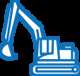 Side view of a blue stencil outline of a mechanical digger facing left, representing lifting equipment.