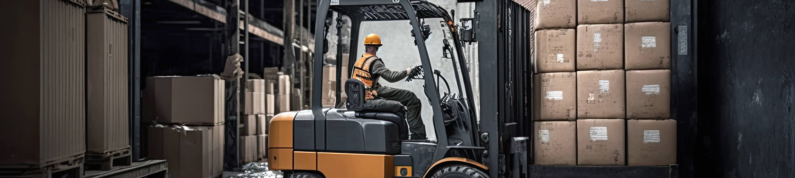 An orange forklift truck with a driver wearing high visibility gear carries a pallet of packages outside a warehouse.